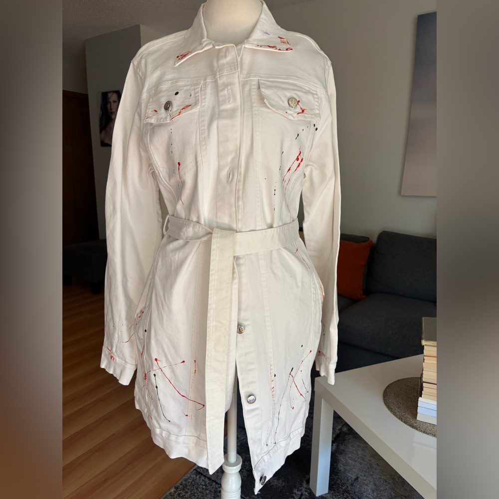 Women's White Jean Jacket with Red Accents
